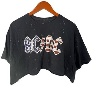 AC/DC 1980 US Tour Graphic Tshirt Black Bleach Wash Cropped Rock Band Tee XLarge